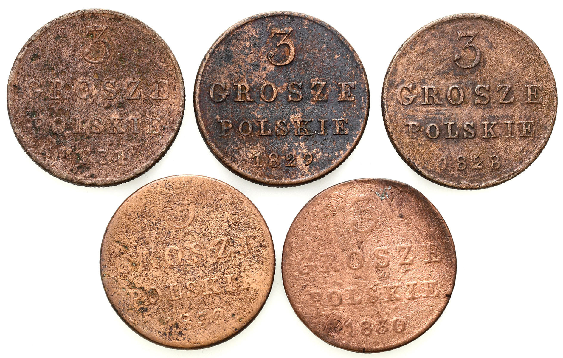 Polska XIX w./Rosja. Trojak (3 grosze) 1828-1832, Warszawa, zestaw 5 monet